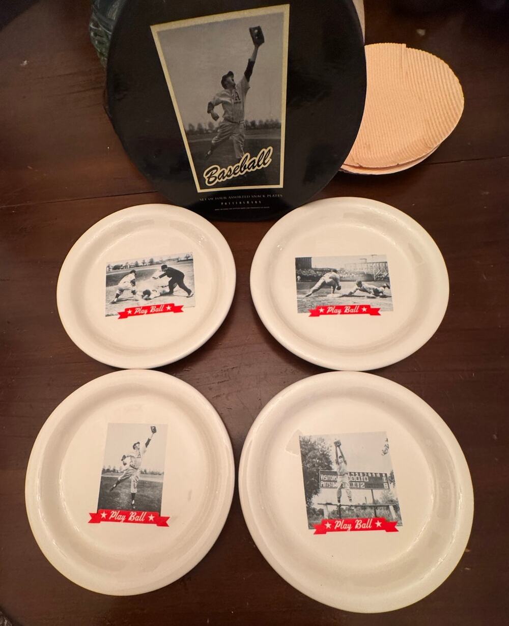 Pottery Barn Baseball Plates Set/4 -" PLAY BALL"  Retro Photos 8"